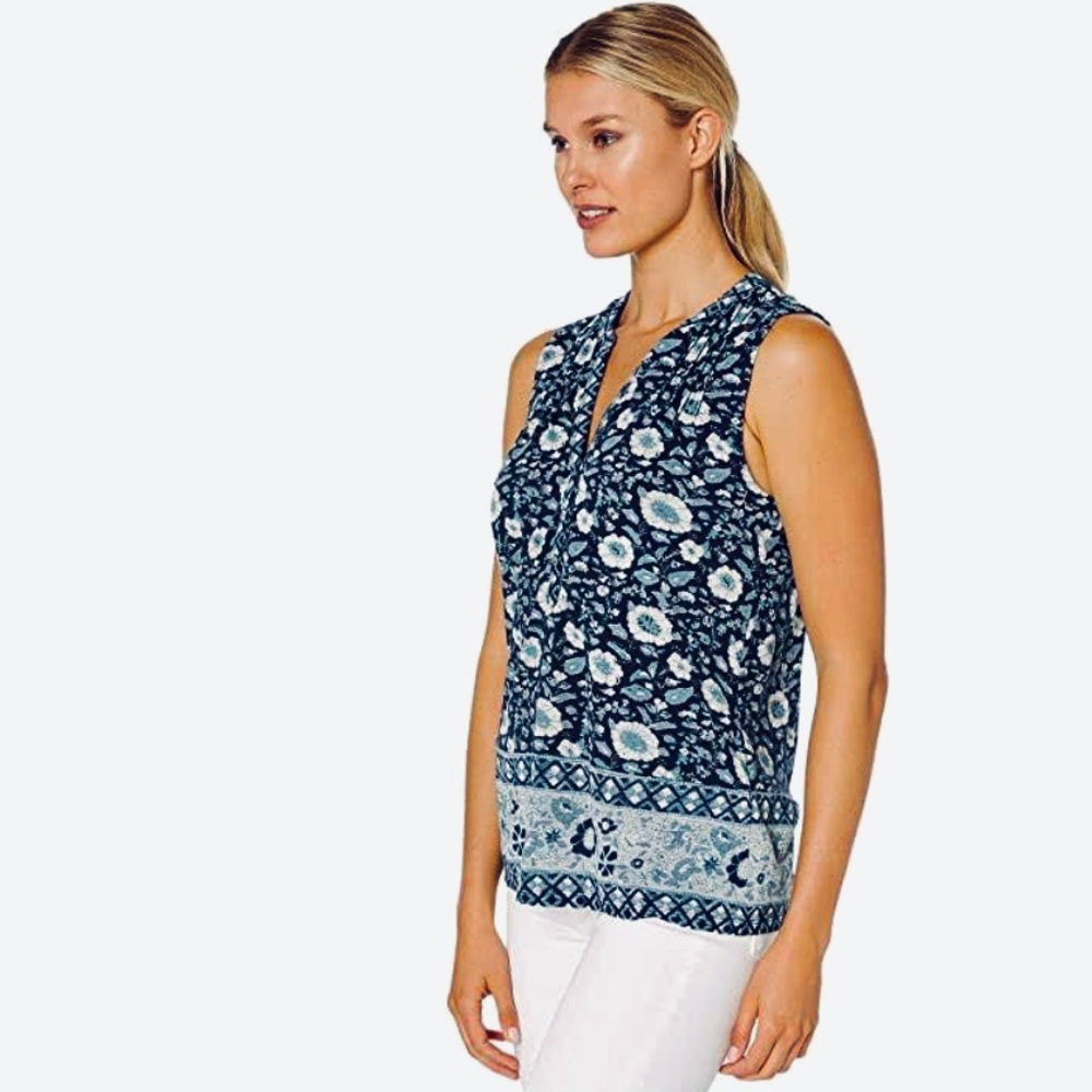 LUCKY BRAND blue floral V-neck Button Up Sleeveless Blouse SIZE SM EUC